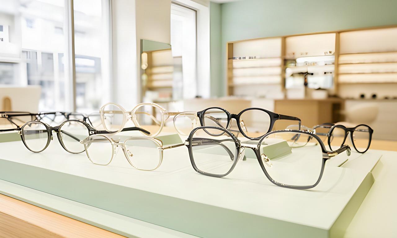 Mehrere sorgfältig angeordnete Brillenfassungen auf einem hellen Stehpult im Optikergeschäft