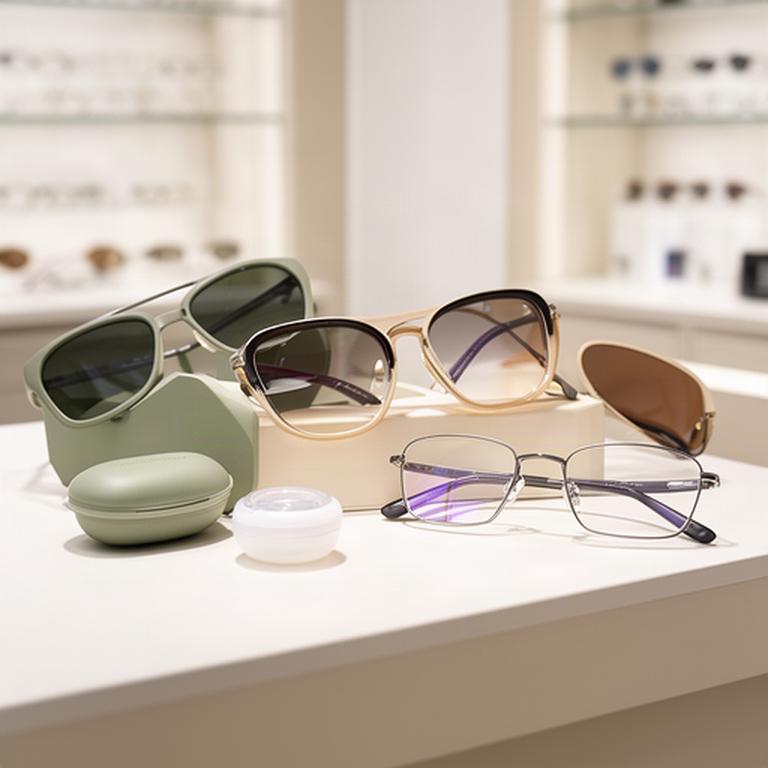 Sonnenbrille und Kontaktlinsenbehälter neben einer fertigen Korrektionsbrille im Fachgeschäft