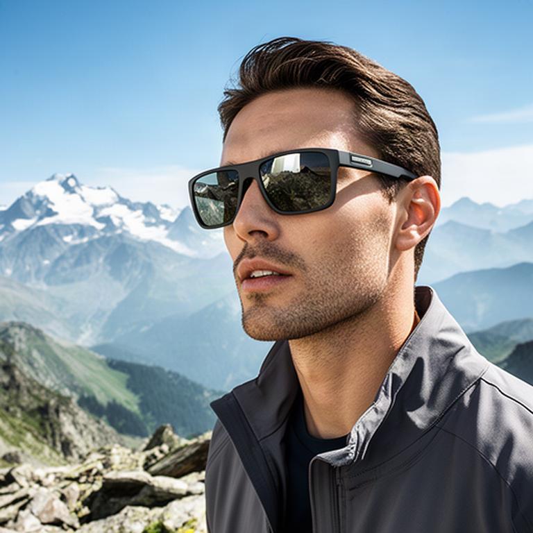 Modell mit polarisierten Sonnenbrillen vor einer klaren Alpenkulisse