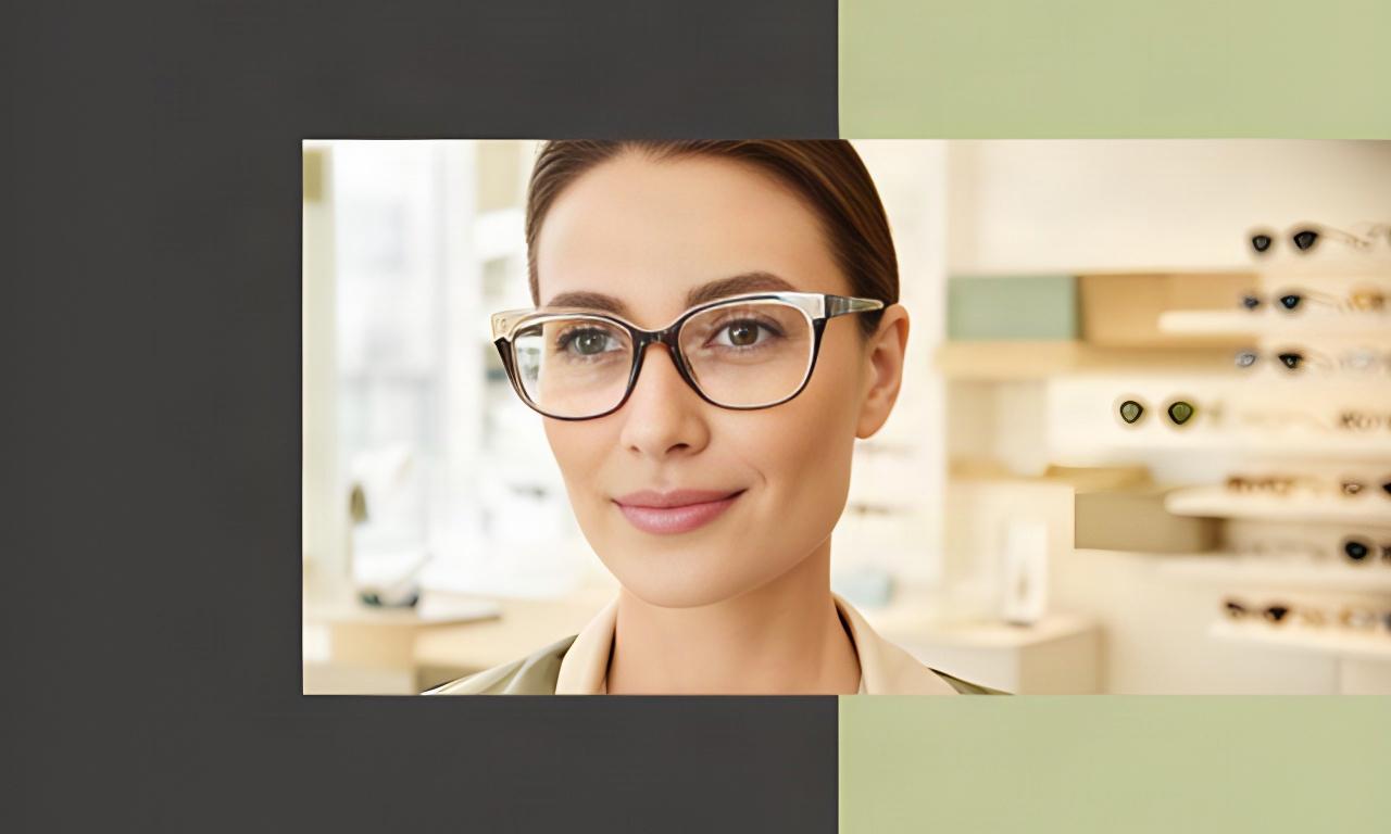 Person mit markanter Designerbrille in einem hellen Optikstudio