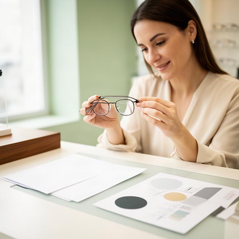 Optikerin prüft eine Brillenfassung an einem hellen Beratungstisch mit Dokumenten daneben