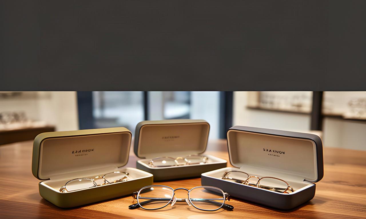 Geöffnete Brillenetuis und eine sorgfältig sortierte Brille auf einem Holztisch in einem Optikgeschäft